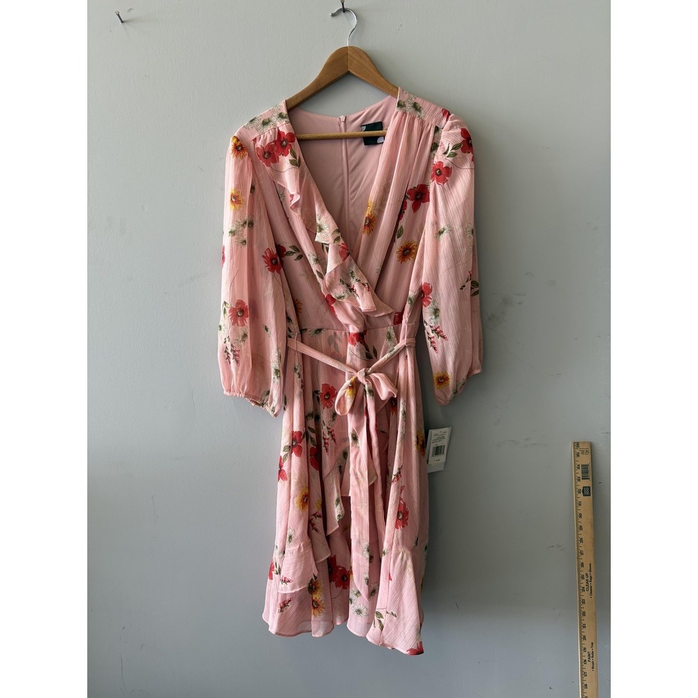 Maison Tara Dress Womens 14 Pink Floral Wrap Ruffle Fit & Flare Knee Length